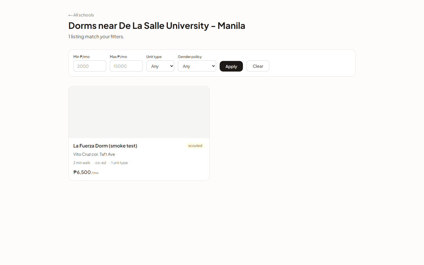 Dormhunter PH search page with dorm listings near DLSU