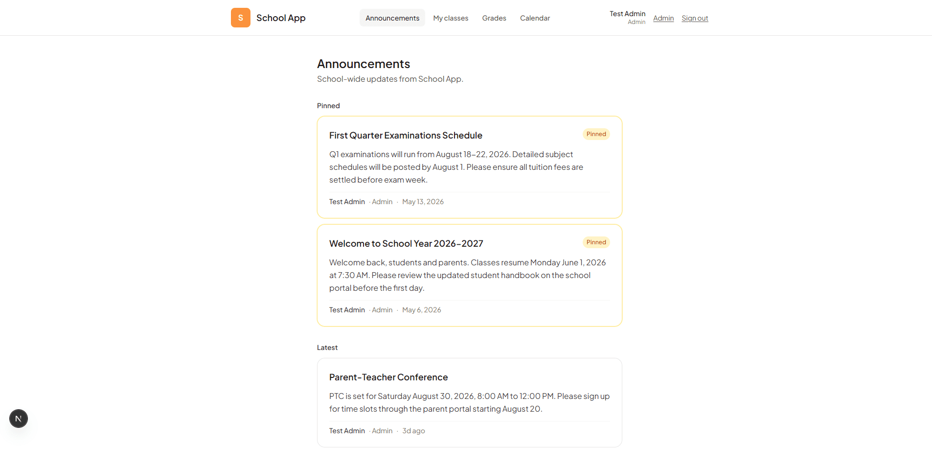 School App parent feed with pinned announcements
